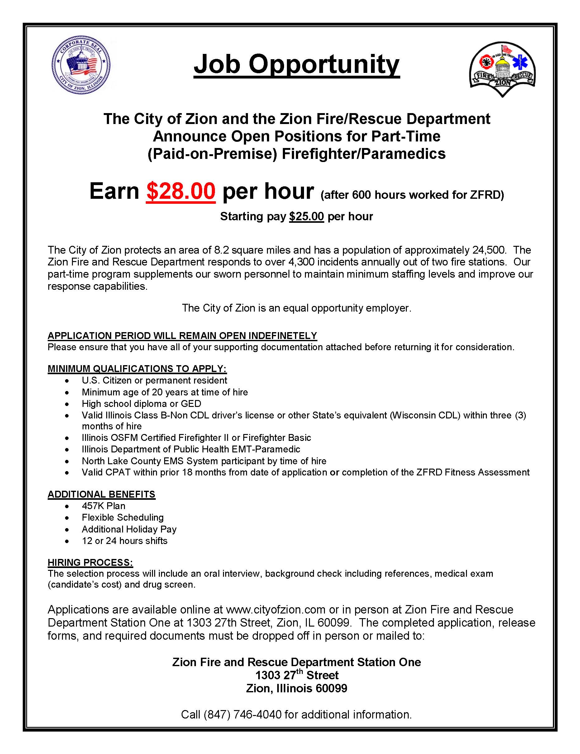 ZFRD Part-Time Firefighter Paramedic Flyer July 2021 - City of Zion