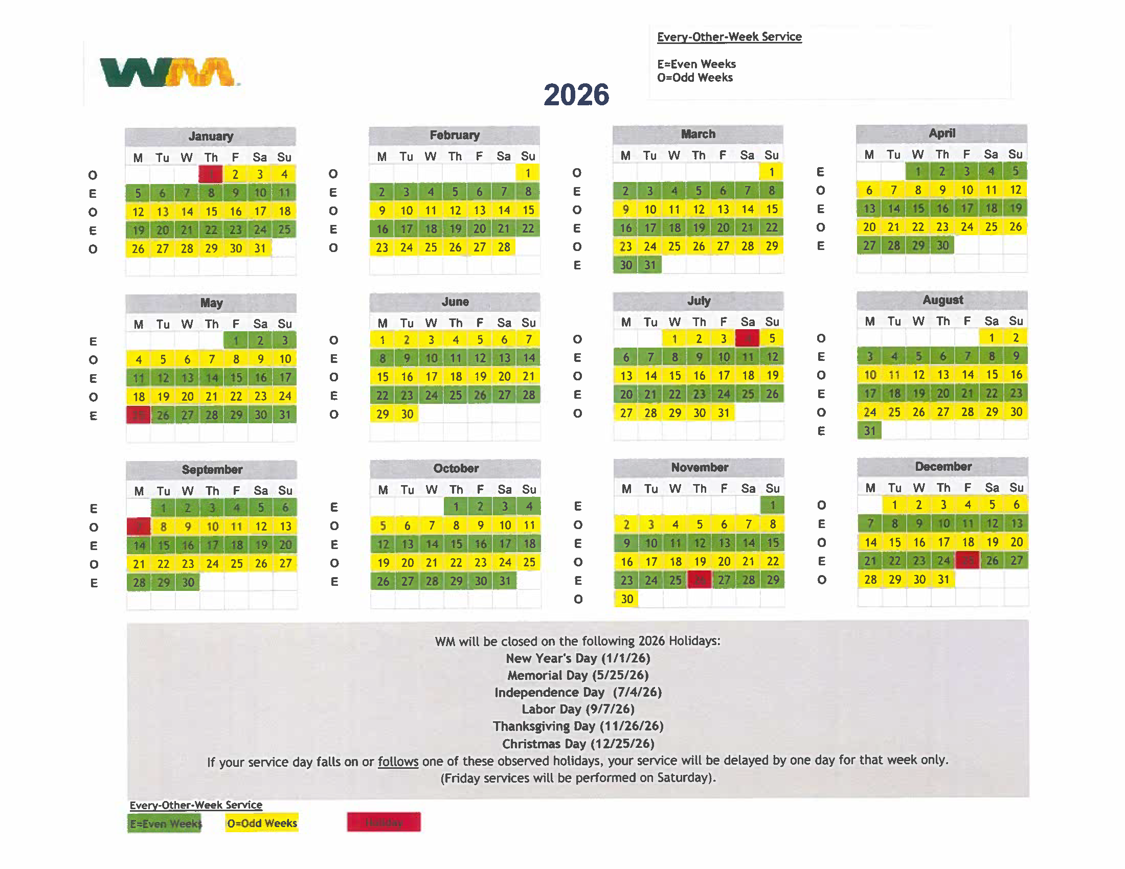 Even and Odd Week Garbage Pickup Schedule